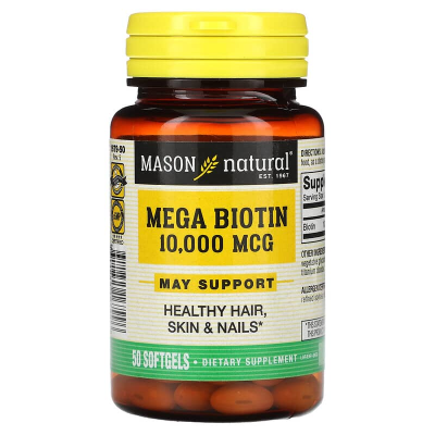 Mason Natural, Mega Biotin, Біотин, 10000 мкг, 50 гелевих капсул